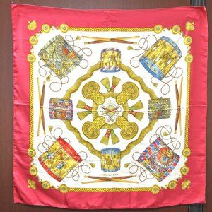 Authentic HERMES Carre 90 Scarf "LES TAMBOURS" Silk Red